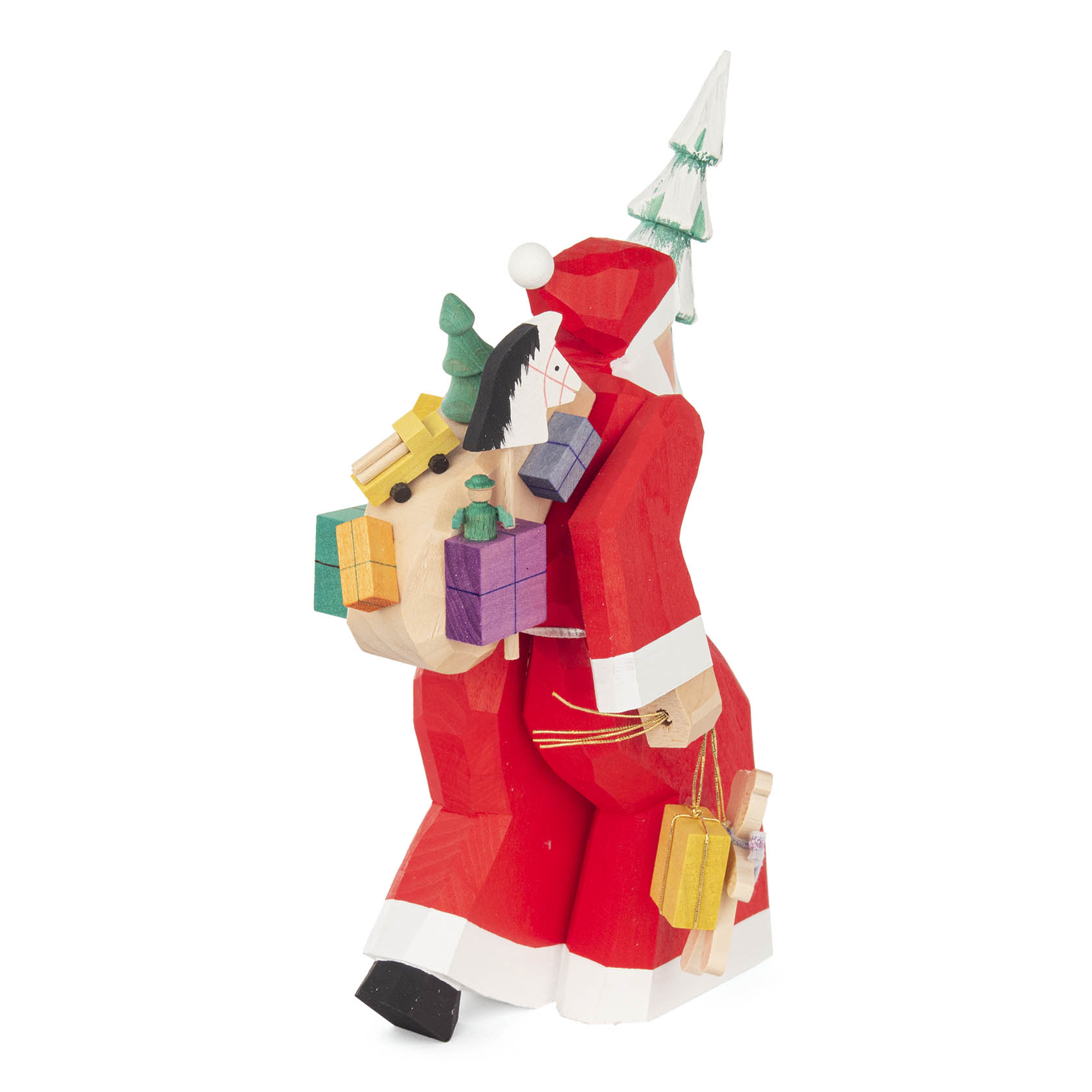 Weihnachtsmann mit Geschenken und Baum, geschnitzt