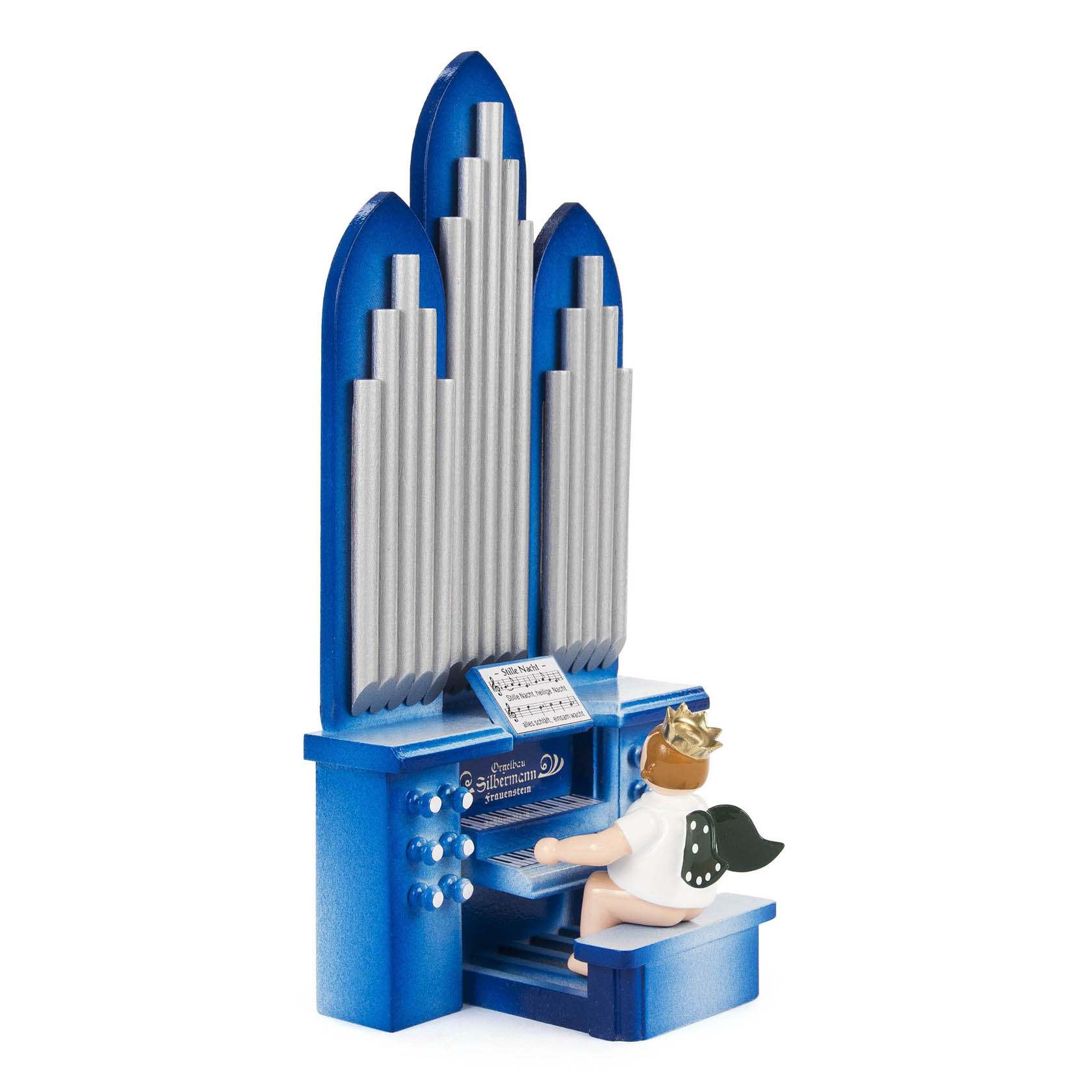Engel an der Orgel sitzend, mit Krone